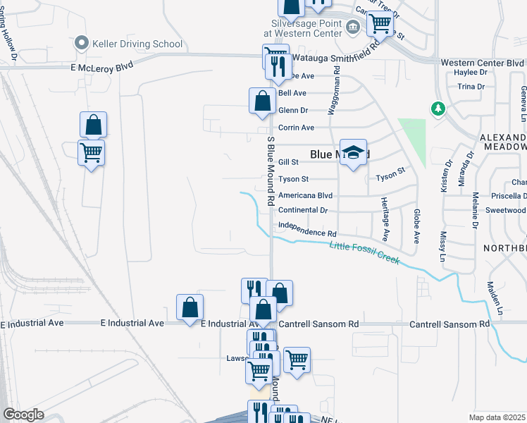map of restaurants, bars, coffee shops, grocery stores, and more near 700 South Blue Mound Road in Saginaw