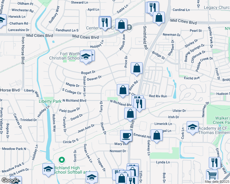 map of restaurants, bars, coffee shops, grocery stores, and more near 7766 North College Circle in North Richland Hills