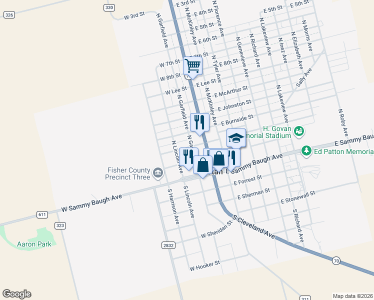 map of restaurants, bars, coffee shops, grocery stores, and more near 204 North Lincoln Avenue in Rotan