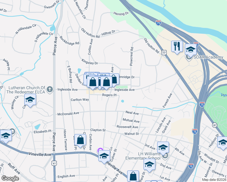 map of restaurants, bars, coffee shops, grocery stores, and more near 2266 Ingleside Avenue in Macon