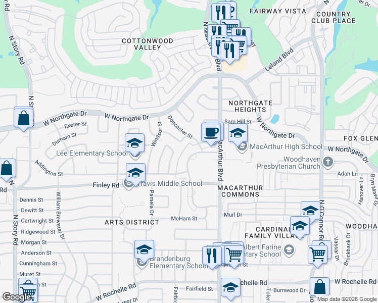 map of restaurants, bars, coffee shops, grocery stores, and more near 3501 North MacArthur Boulevard in Irving