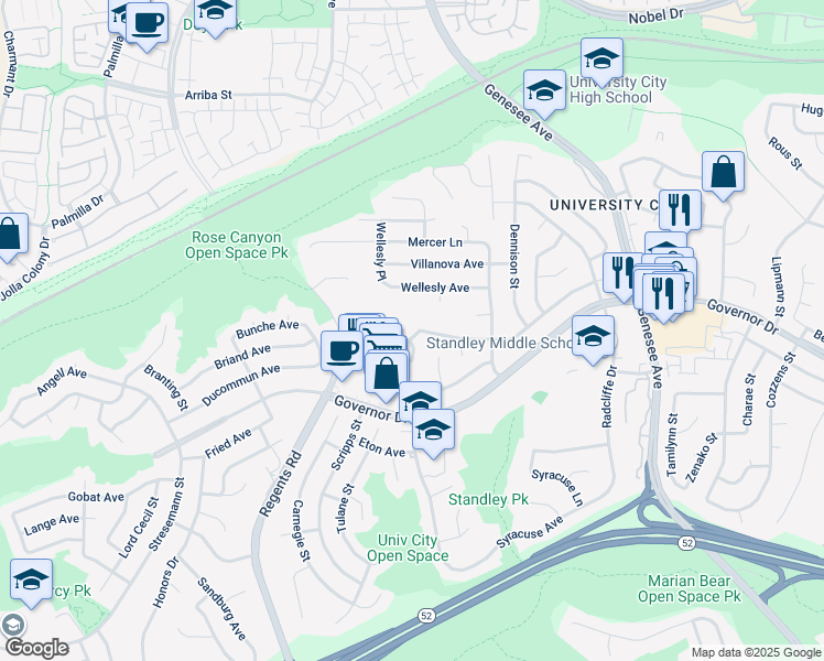 map of restaurants, bars, coffee shops, grocery stores, and more near 3426 Millikin Avenue in San Diego