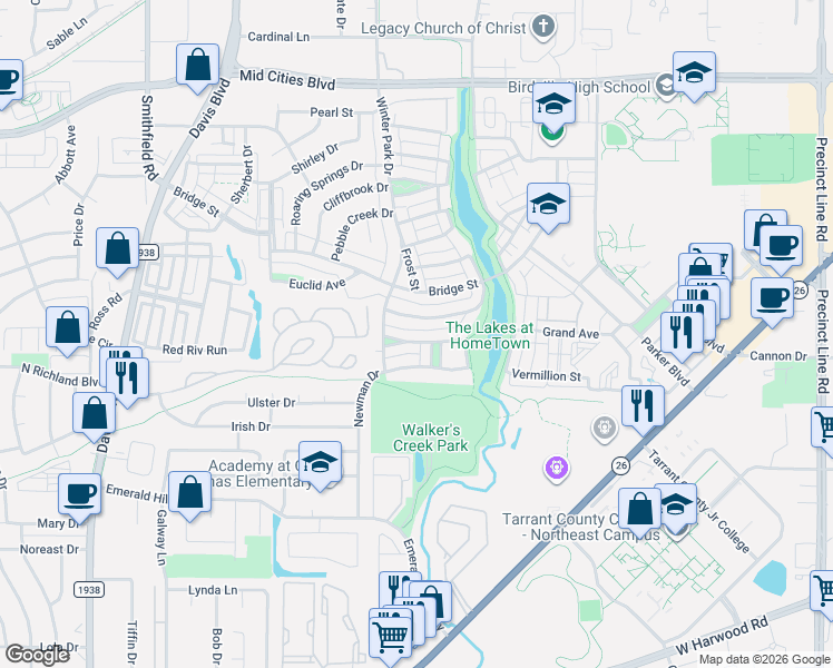 map of restaurants, bars, coffee shops, grocery stores, and more near 5809 Arbor Road in North Richland Hills