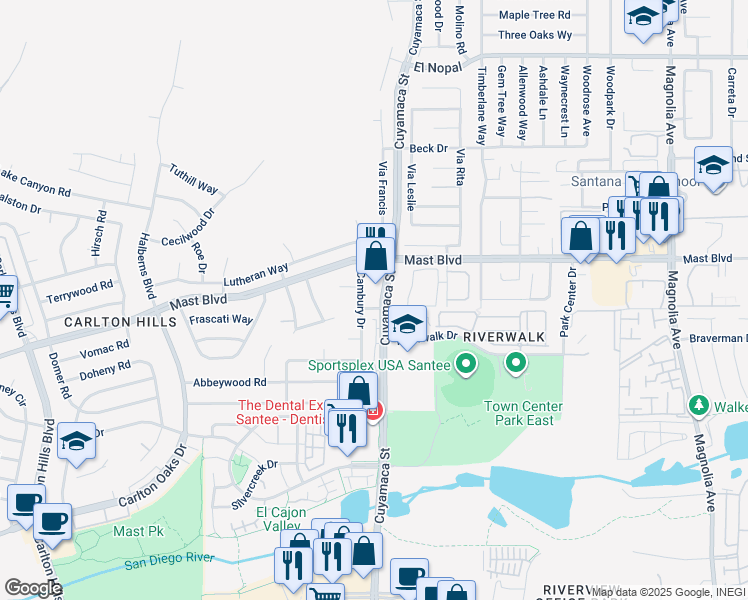 map of restaurants, bars, coffee shops, grocery stores, and more near 9600 Cuyamaca Street in Santee