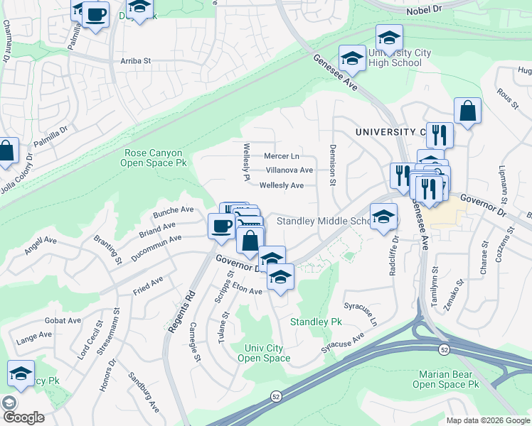map of restaurants, bars, coffee shops, grocery stores, and more near 3426 Millikin Avenue in San Diego