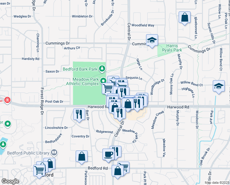 map of restaurants, bars, coffee shops, grocery stores, and more near 2113 Harwood Road in Bedford