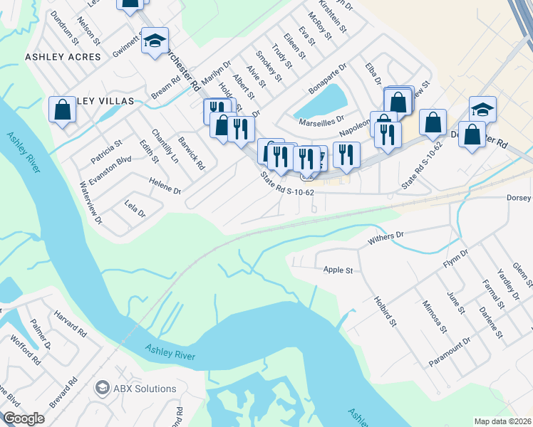 map of restaurants, bars, coffee shops, grocery stores, and more near 4617 Watkins Road in North Charleston