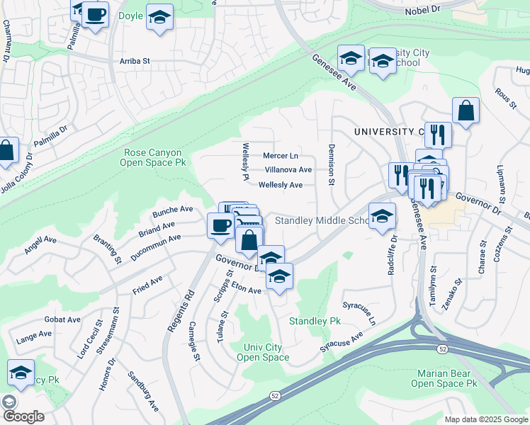 map of restaurants, bars, coffee shops, grocery stores, and more near 3426 Millikin Avenue in San Diego