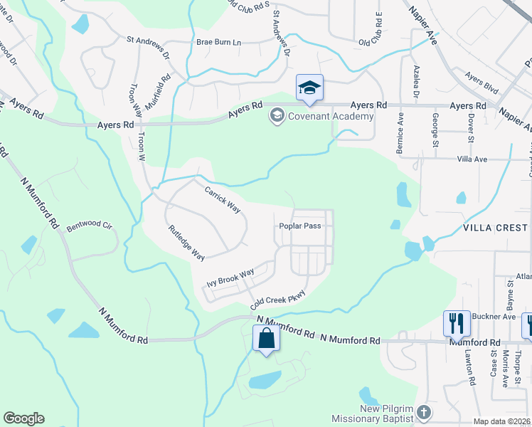 map of restaurants, bars, coffee shops, grocery stores, and more near 344 Ironwood Court in Macon