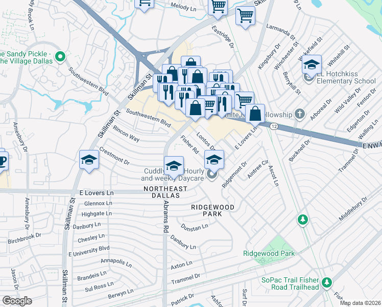 map of restaurants, bars, coffee shops, grocery stores, and more near 6424 Fisher Road in Dallas