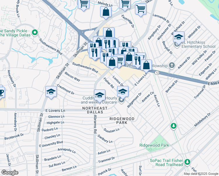 map of restaurants, bars, coffee shops, grocery stores, and more near 6424 Fisher Road in Dallas