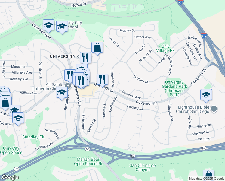 map of restaurants, bars, coffee shops, grocery stores, and more near 4250 Pavlov Avenue in San Diego