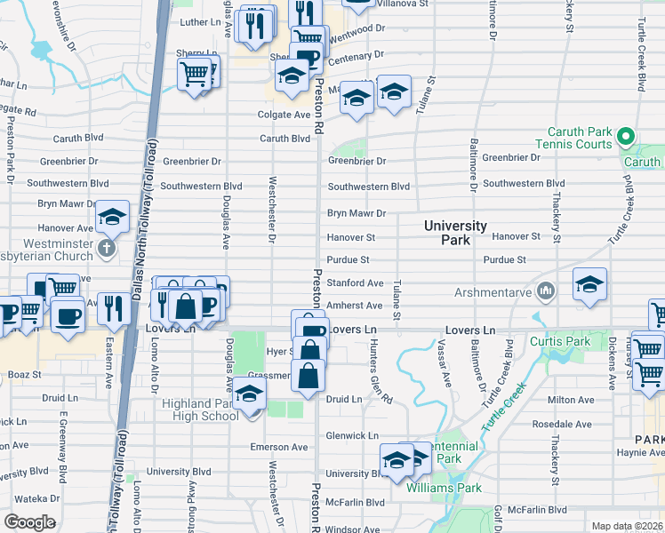 map of restaurants, bars, coffee shops, grocery stores, and more near 4084 Stanford Avenue in Dallas