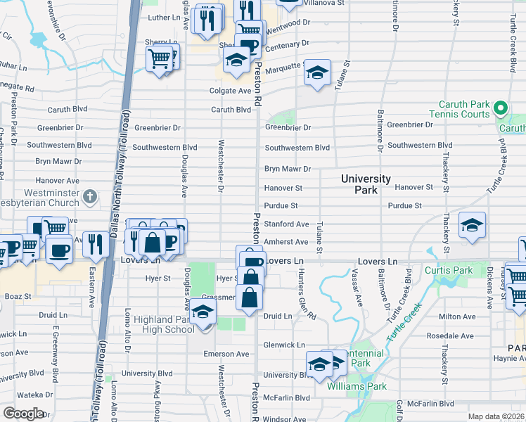 map of restaurants, bars, coffee shops, grocery stores, and more near 4084 Stanford Avenue in Dallas