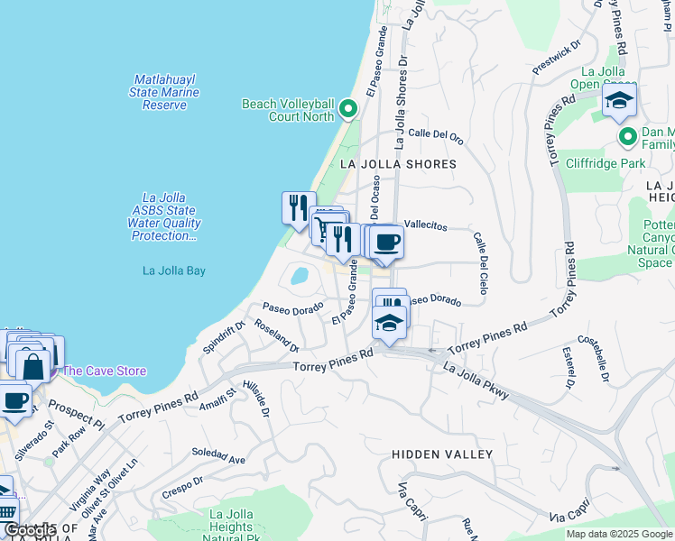 map of restaurants, bars, coffee shops, grocery stores, and more near 8049 Calle De La Plata in San Diego