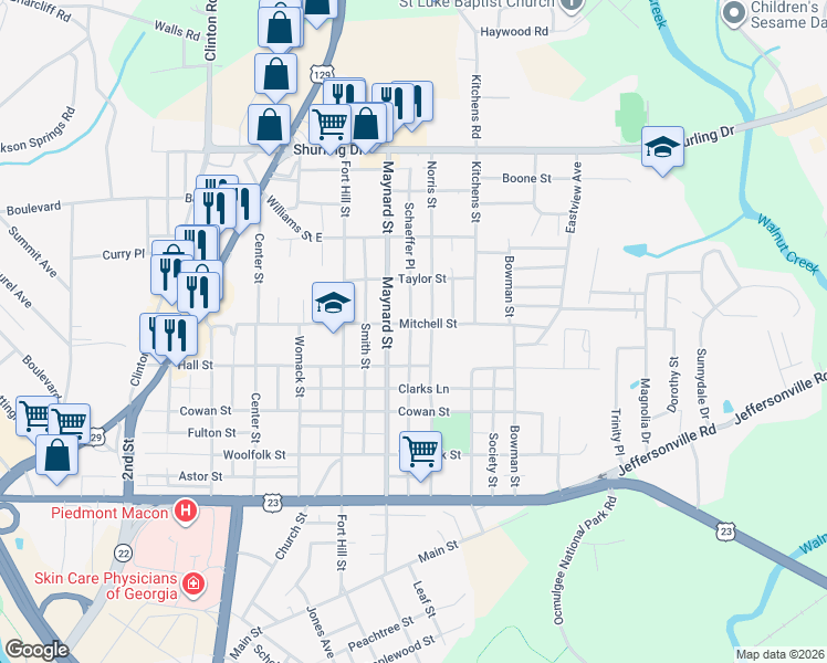 map of restaurants, bars, coffee shops, grocery stores, and more near 931 Schaeffer Place in Macon