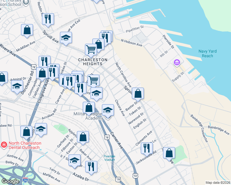 map of restaurants, bars, coffee shops, grocery stores, and more near 1920 Calvert Street in North Charleston
