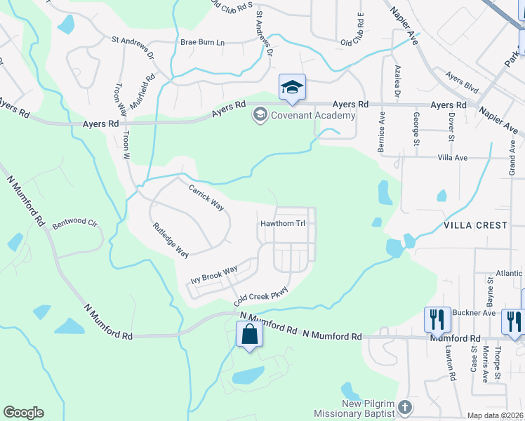 map of restaurants, bars, coffee shops, grocery stores, and more near 460 Hawthorn Trail in Macon