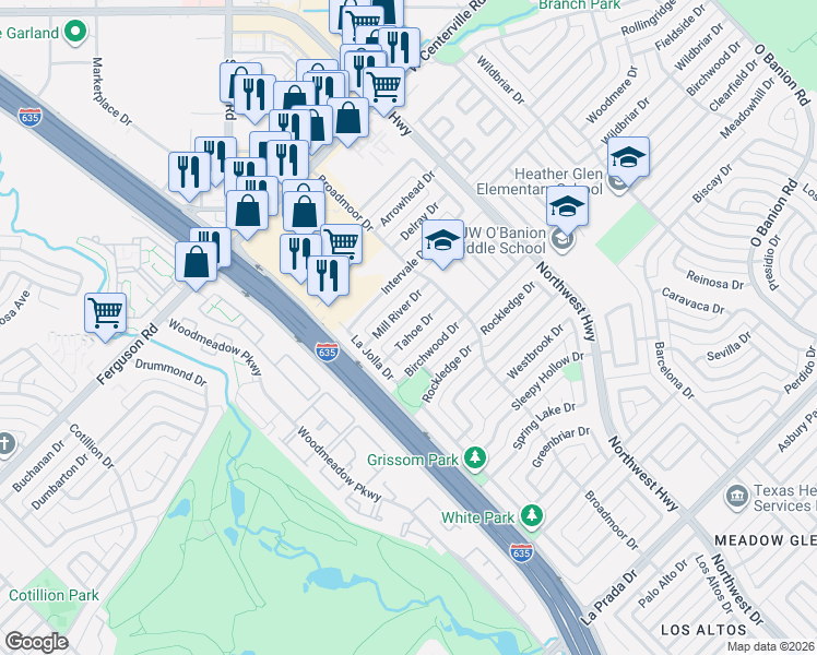 map of restaurants, bars, coffee shops, grocery stores, and more near 1121 Tahoe Drive in Garland