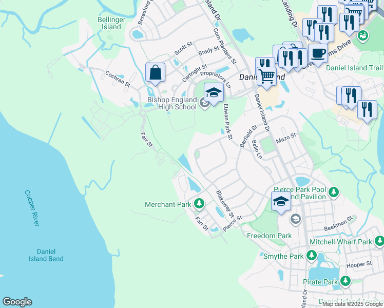 map of restaurants, bars, coffee shops, grocery stores, and more near 1066 Blakeway Street in Charleston