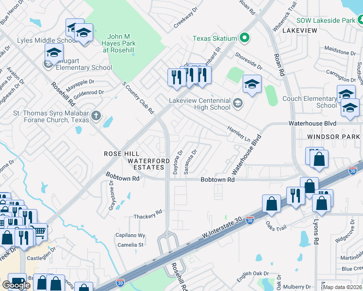 map of restaurants, bars, coffee shops, grocery stores, and more near 5229 Daytona Drive in Garland