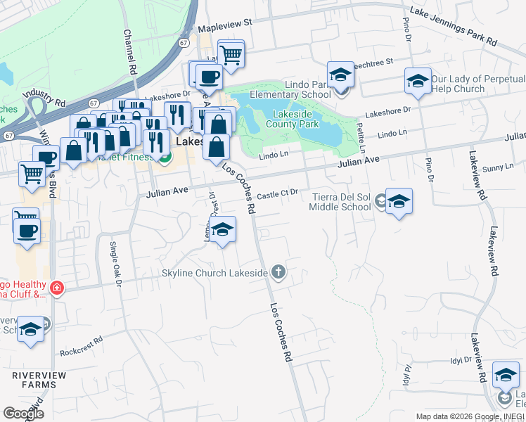 map of restaurants, bars, coffee shops, grocery stores, and more near 9604 Los Coches Road in Lakeside