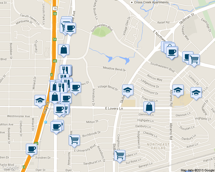 map of restaurants, bars, coffee shops, grocery stores, and more near Village Bend Drive in Dallas