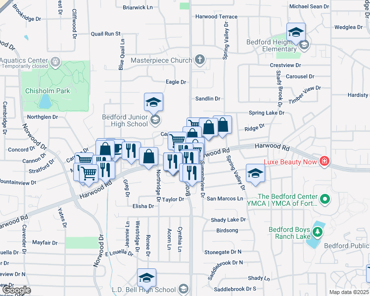 map of restaurants, bars, coffee shops, grocery stores, and more near 2905 Brown Trail in Bedford