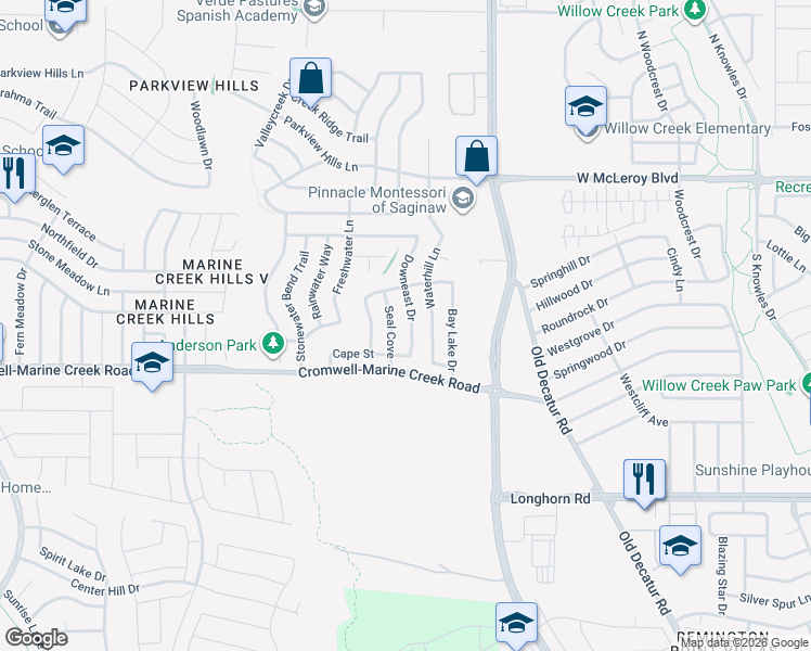 map of restaurants, bars, coffee shops, grocery stores, and more near 6337 Waterhill Lane in Fort Worth