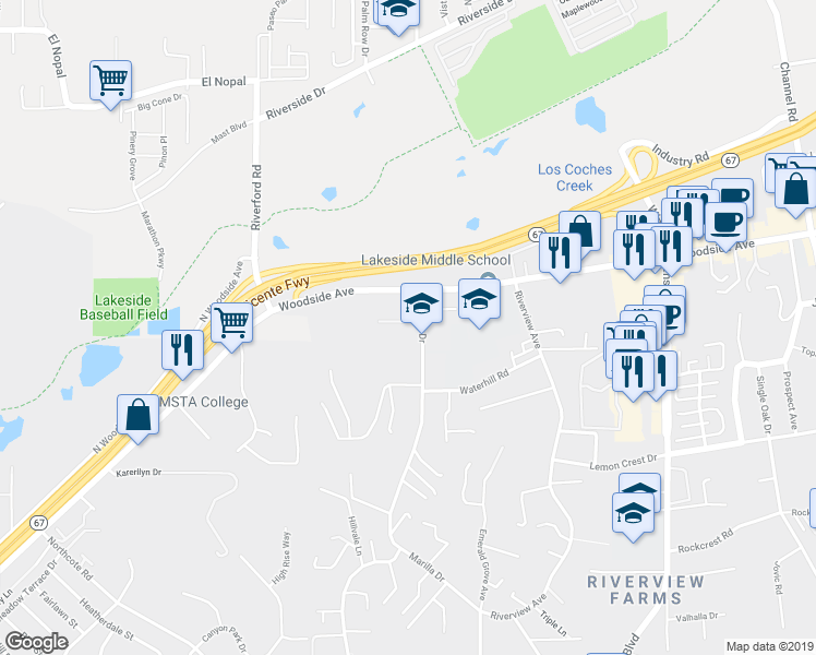 map of restaurants, bars, coffee shops, grocery stores, and more near 9728 Marilla Drive in Lakeside