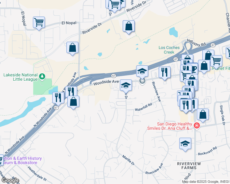 map of restaurants, bars, coffee shops, grocery stores, and more near 9728 Marilla Drive in Lakeside