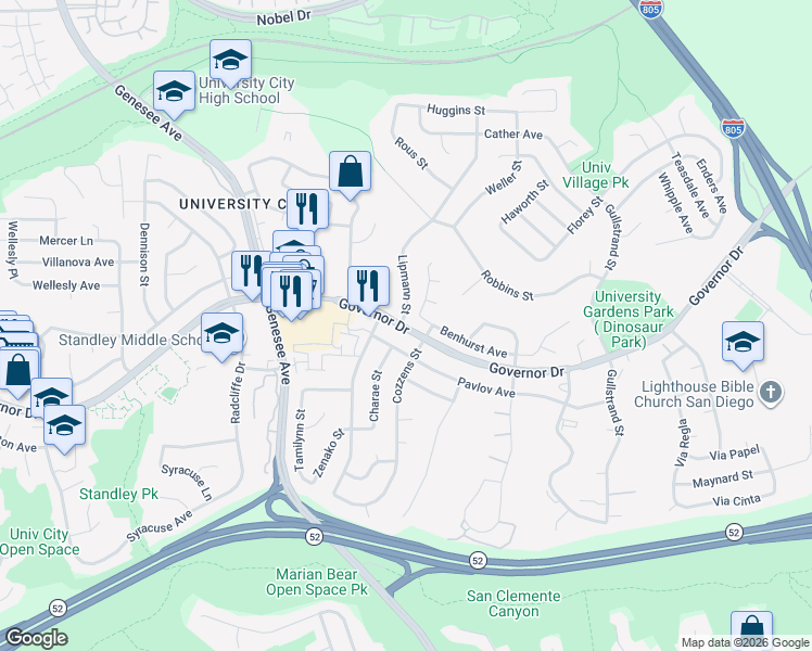 map of restaurants, bars, coffee shops, grocery stores, and more near 4250 Pavlov Avenue in San Diego