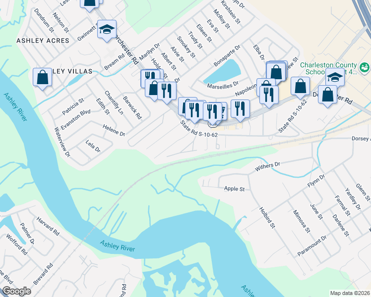 map of restaurants, bars, coffee shops, grocery stores, and more near 4617 Watkins Road in North Charleston