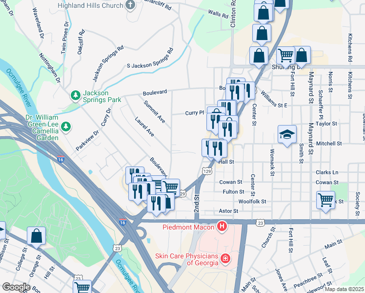 map of restaurants, bars, coffee shops, grocery stores, and more near 825 North Garden Terrace in Macon