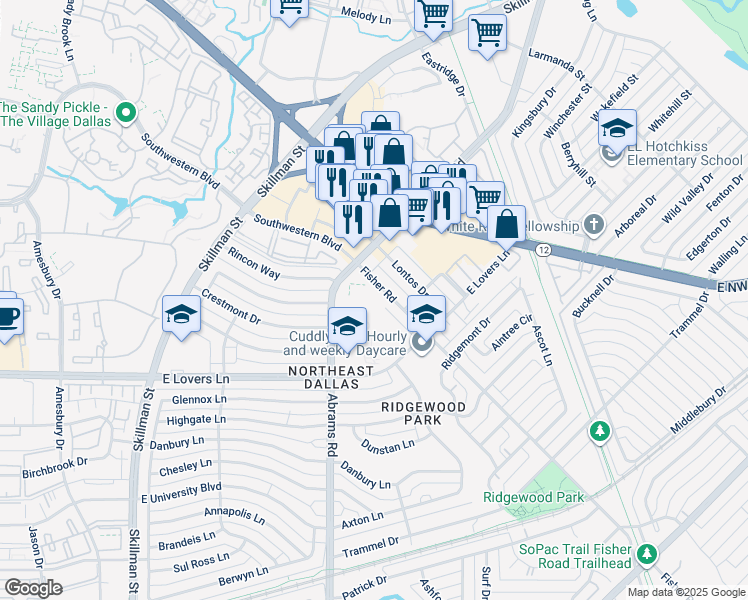 map of restaurants, bars, coffee shops, grocery stores, and more near 5510 Abrams Road in Dallas