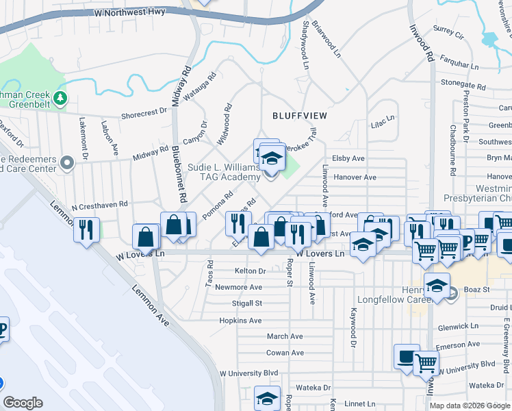 map of restaurants, bars, coffee shops, grocery stores, and more near 4563 Elsby Avenue in Dallas
