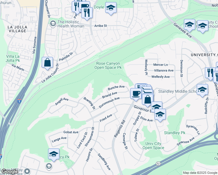 map of restaurants, bars, coffee shops, grocery stores, and more near 3070 Briand Avenue in San Diego