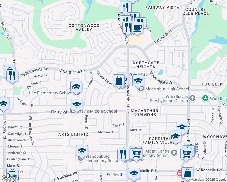 map of restaurants, bars, coffee shops, grocery stores, and more near 3715 Coker Street in Irving