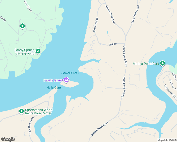 map of restaurants, bars, coffee shops, grocery stores, and more near 1017 East Hells Gate Drive in Graford