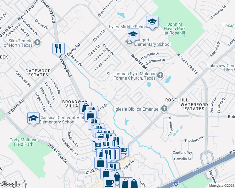 map of restaurants, bars, coffee shops, grocery stores, and more near 702 Tacoma Drive in Garland