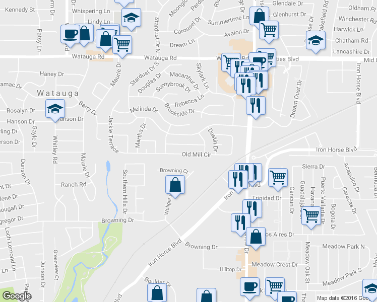 map of restaurants, bars, coffee shops, grocery stores, and more near 6321 Browning Court in North Richland Hills