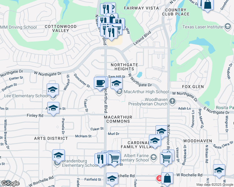 map of restaurants, bars, coffee shops, grocery stores, and more near 3700 North MacArthur Boulevard in Irving
