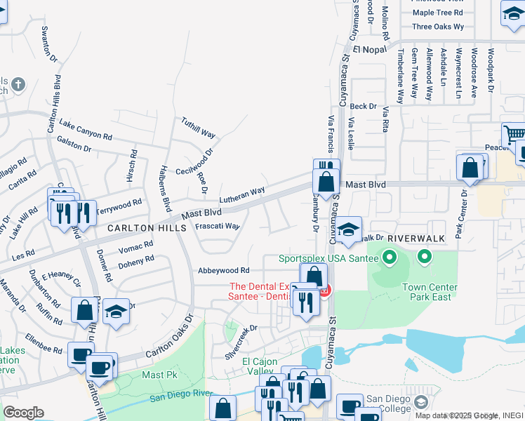 map of restaurants, bars, coffee shops, grocery stores, and more near 9626 Ryder Court in Santee