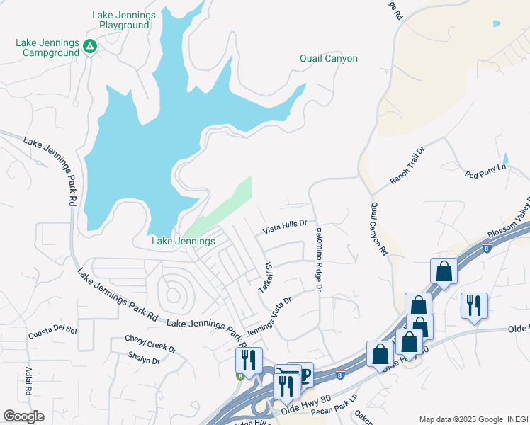 map of restaurants, bars, coffee shops, grocery stores, and more near 9531 Vista Hills Place in Lakeside