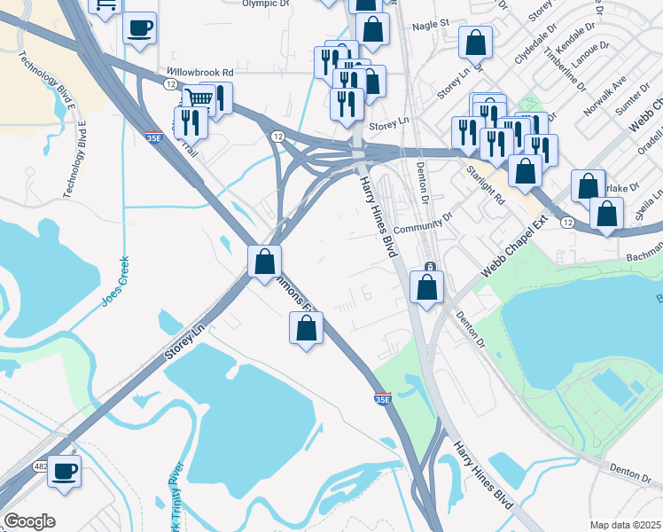 map of restaurants, bars, coffee shops, grocery stores, and more near 9805 Harry Hines Boulevard in Dallas