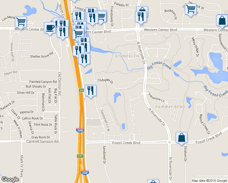 map of restaurants, bars, coffee shops, grocery stores, and more near 3536 Clubgate Drive in Fort Worth