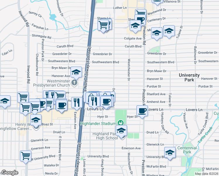 map of restaurants, bars, coffee shops, grocery stores, and more near 4321 Hanover Street in Dallas