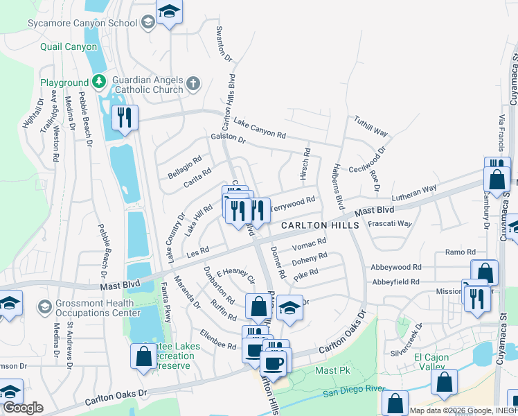 map of restaurants, bars, coffee shops, grocery stores, and more near 9656 Domer Road in Santee