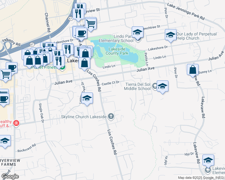 map of restaurants, bars, coffee shops, grocery stores, and more near 12709 Castle Court Drive in Lakeside