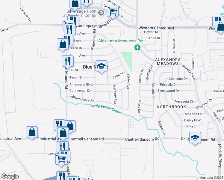 map of restaurants, bars, coffee shops, grocery stores, and more near 1745 Continental Drive in Blue Mound